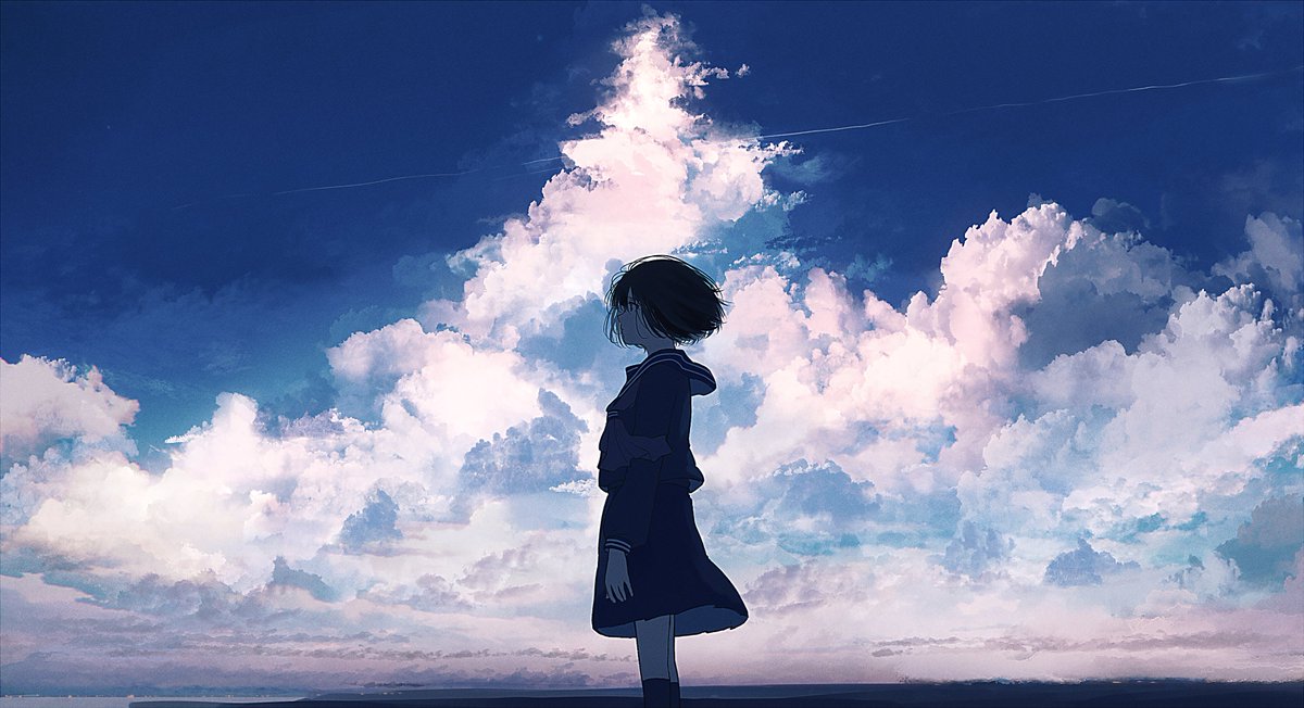 1girl solo sky cloud short hair school uniform skirt  illustration images