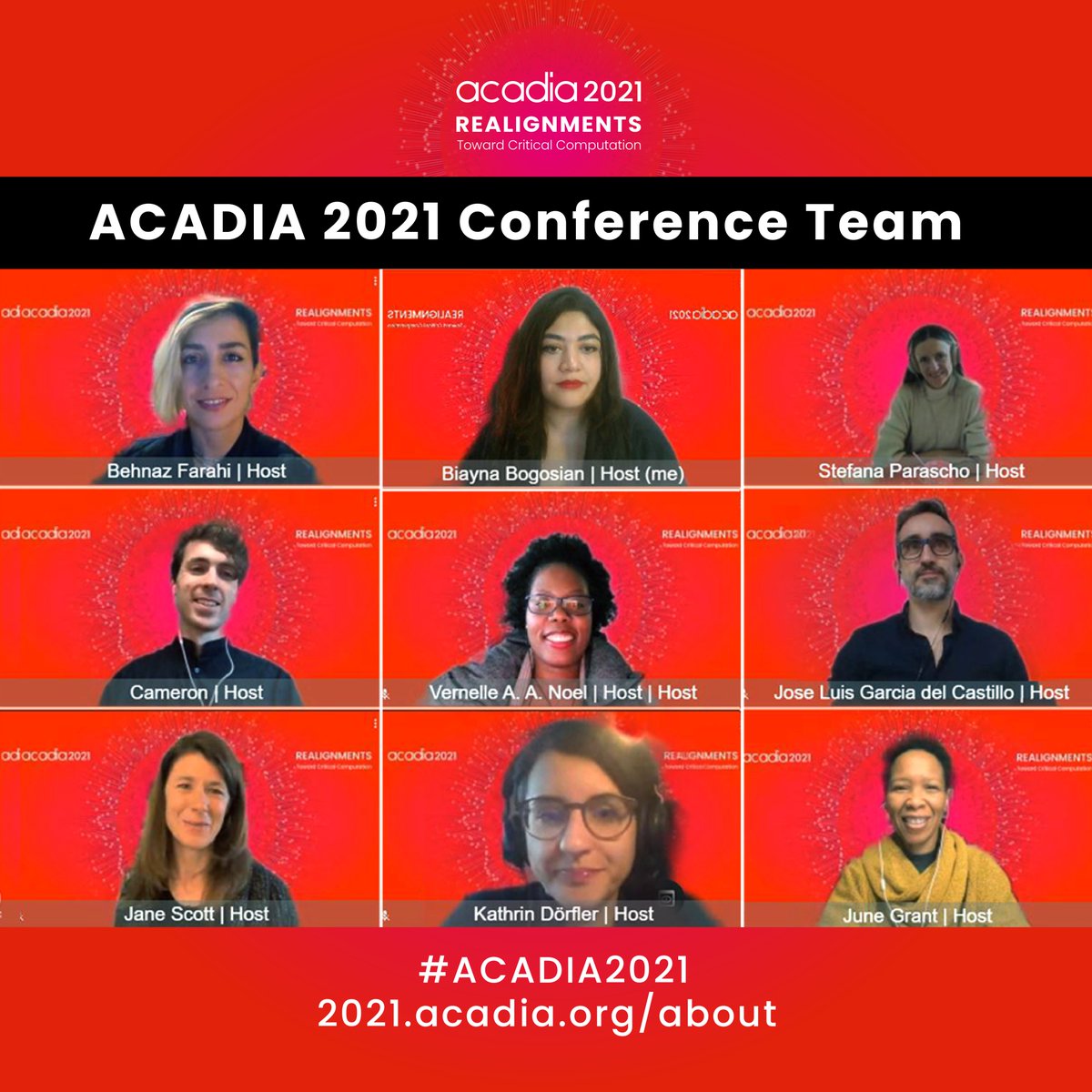 acadiaorg's tweet photo. Meet #ACADIA2021 Co-Chairs, who along w/ #acadiaorg president @jennysabin &amp; vicepresident #KathyVelikov have organized this #acadiaconference Co-Chairs are #BehnazFarahi @BiaynaBogosian @SParascho @VernelleNoel @garciadelcast @janescottlawson @___kathrin @blinklab #CameronNelson https://t.co/IGw7ZxHppS