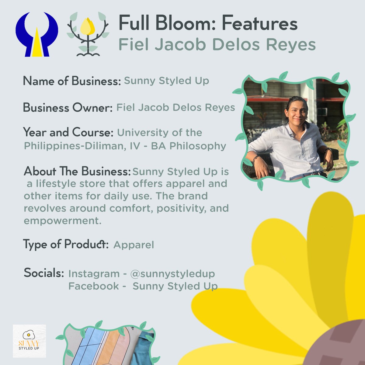 branchout_pugad's tweet photo. Sunny Styled Up is a lifestyle store by Fiel Jacob Delos Reyes from BA Philosophy that offers apparel and other items for daily use. The brand revolves around comfort, positivity, and empowerment. 🌞

Visit their pages for orders:
FB: Sunny Styled Up
IG: sunnystyledup https://t.co/2LjLhWf1Q6