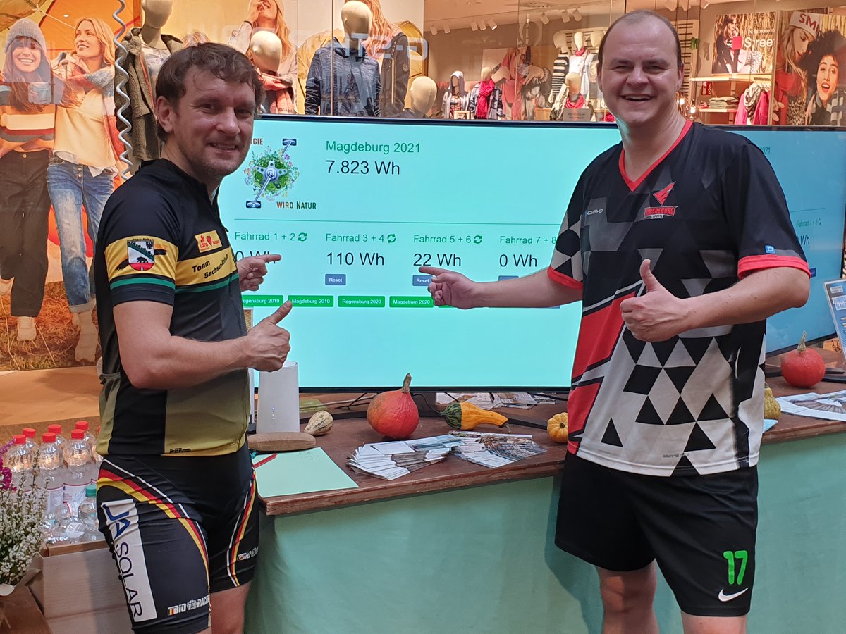 Vom 13. - 16. Oktober fand im <a href="/AlleeCenterMD/">AlleeCenterMD</a> wieder Energie wird Natur statt. Unser Projektleiter <a href="/Oroaranion/">Martin Müller</a> und Stefan Thomé vom <a href="/LVRadsportSAH/">LV Radsport SAH</a> treten wie letztes Jahr wieder kräftig in die Pedalen und haben dadurch gemeinsam 110 Wh erradelt.
