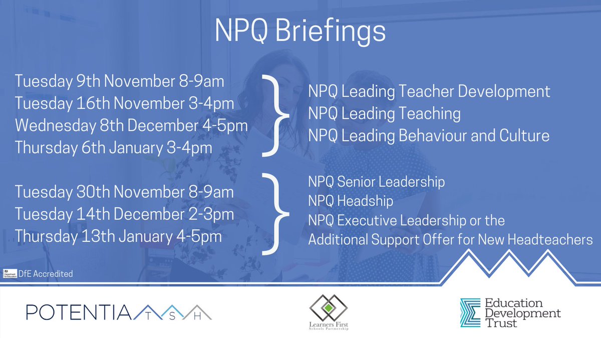 PotentiaTSH's tweet photo. Are you interested in continuing your professional development through the study of an NPQ? 

Want to find out the details of exactly what they entail?

Join a specific briefing session to find out more and ask your own questions - https://t.co/O9NMVW3VAr

@Learners_First https://t.co/0uiTPKOm26