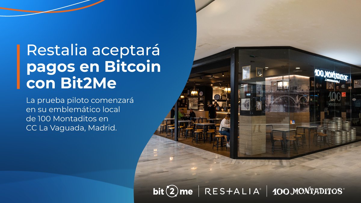 bit2me's tweet photo. ¡Bitcoin llega a @100montaditos! 🍻😱

Hemos unido fuerzas junto con @Restaliagrupo, compañía de neorestauración líder en España propietaria de marcas como 100 Montaditos, The Good Burger o La Sureña para que puedas PAGAR con Bitcoin y más de 60 criptos en un restaurante piloto. https://t.co/cvPQXua4hA