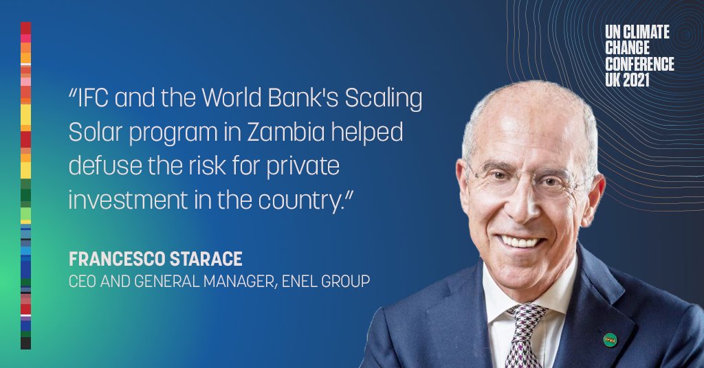 IFC_org's tweet photo. Tune in now to the ongoing conversation between IFC’s @Diop_IFC and @EnelGroup’s @starax to learn how the #ScalingSolar program by IFC & @WorldBank helped defuse the risk for private investment in Zambia: https://t.co/OdYMwmRgRD #ClimateActionWBG #COP26 https://t.co/xNoWKL0XKU
