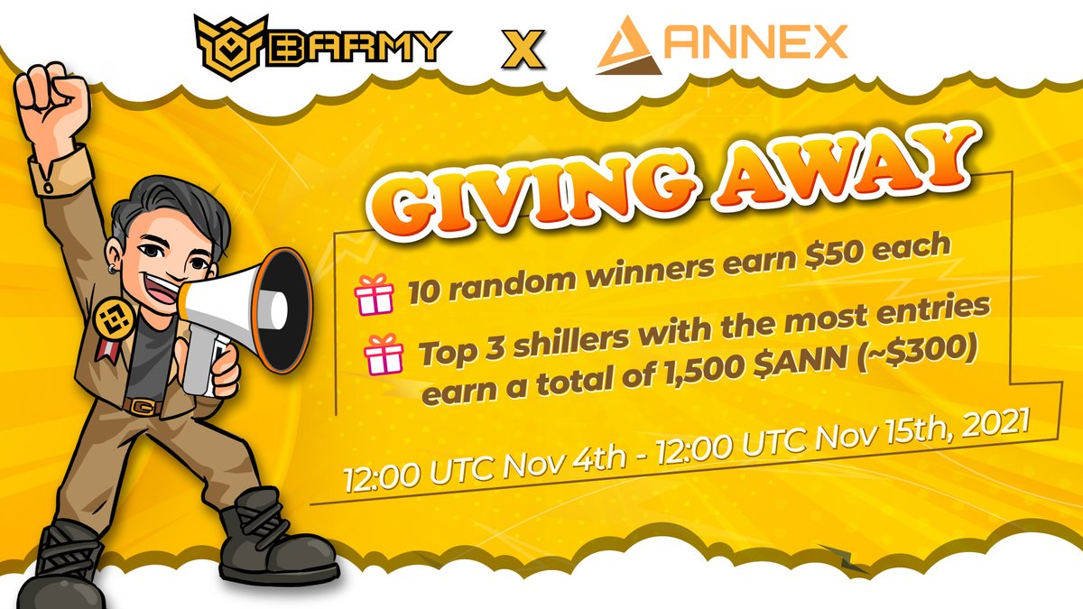 BARMYGROUP's tweet photo. .@AnnexFinance &amp; BSC Army Are Giving Away $500 and 1,500 $ANN (~$300)

⏰12:00 Nov 4 - 12:00 Nov 15 (UTC)

🎁10 random winners earn 💵$50 each
🎁Top 3 most entries can earn a total of 1,500 $ANN (~$300)

👉Join at: https://t.co/U6gigJn7HV https://t.co/Xe98m9Up6W