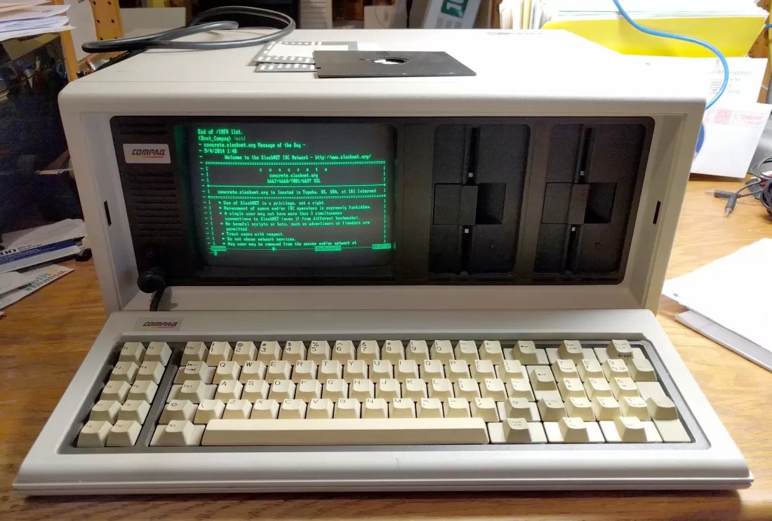 AjitPai's tweet photo. OTD in 1982, Compaq introduced the Compaq Portable, one of 1st @IBM PC-compatible systems. It cost $2,995, had one 5¼" 360 kB disk drive, and weighed 28 lb. A review: "it can run any major business and professional software written for the IBM PC" and "looks like a sure winner." https://t.co/qW25W6zBHJ