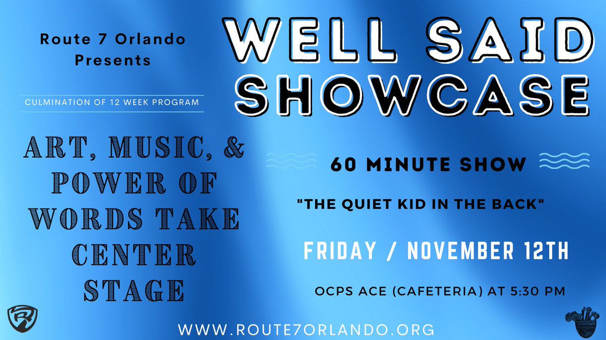 Join us Friday, Nov. 12th in celebrating the end of our 12 week Well Said program. See the progress students have made with a show where art, music &amp; the power of words take center stage. RSVP @ route7orlando.org. #wellsaid #celebrate #orlandokids #orlandoshow #orlandoevent