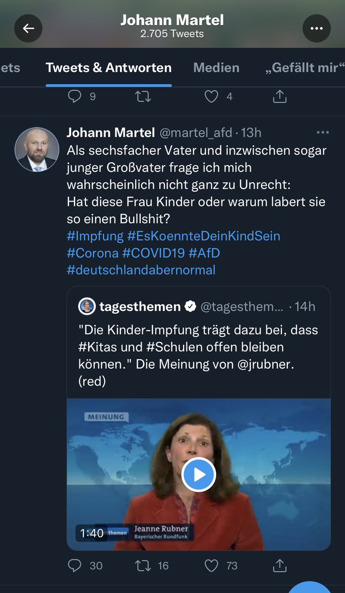 Ach @martel_afd, es ist schon witzig, wenn sich ausgerechnet einer v. d. sogenannten #AfD beschwert, dass jemand anders angeblich „Bullshit labert“…🤦🏻‍♂️
#Impfung #Corona #COVID19 
#AfDistnichtnormal #FckAfD

#MutzurWahrheit: 
#NoAfD ist #ekelhAfD
#FCKNZS #AfDVerbotjetzt