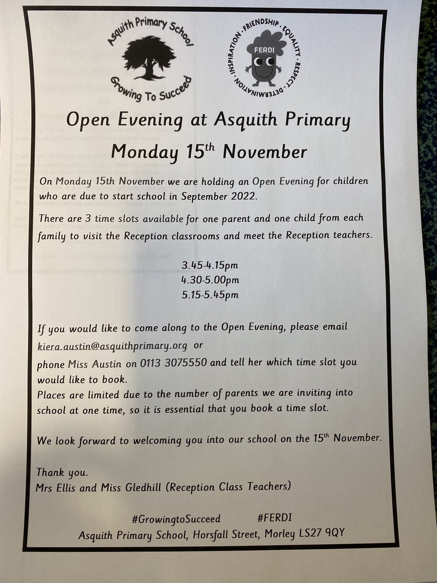 AsquithPrimary's tweet photo. Open evenings for Reception and Nursery admissions September 2022 ⁦@AsquithPrimary⁩ #AsquithSpirit ⁦@Child_Leeds⁩ https://t.co/4Qk4PsVFJ5