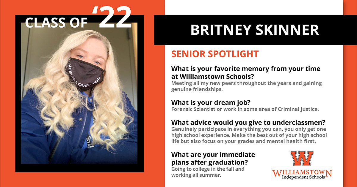 WtownInd's tweet photo. Throughout the 2021-22 school year, Williamstown Independent Schools will be shining a spotlight on all of this year's wonderful seniors in the Class of 2022. Here is Britney Skinner! #FeeltheHeat https://t.co/mPTgQ4dBeJ