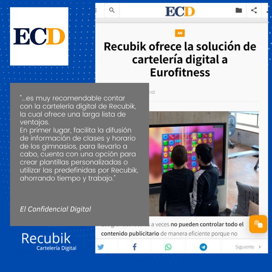 recubikds's tweet photo. Hoy El confidencial Digital (@elconfidencialdigital) nos menciona destacando las ventajas que ofrece el sistema de Recubik para la gestión de #CarteleríaDigital en centros deportivos y explicando nuestra solución implantada en los centros Eurofitness.😀

📌https://t.co/7rHBIHYHBD https://t.co/vXJVxJjQ56