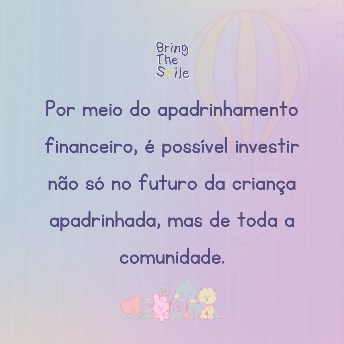 ARMYComAmor_'s tweet photo. [#BringTheSmile | @BTS_twt]

O valor disponibilizado garante a gestão de programas que proporcionam às crianças acesso à educação, alimentação, saúde, proteção, dentre muitas outras.

DOE: https://t.co/OM2kVPFTKc

#MadrinhaArmy #PadrinhoArmy https://t.co/jLjcPx5glx