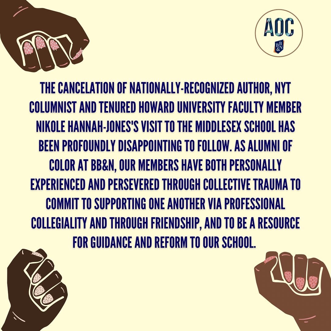 AoCNetwork_'s tweet photo. The Alumni of Color Network stands in solidarity with the Middlesex community that have been negatively impacted by the actions of their administration. #nikolehannahjones #middlesexschool #bbnalumni #alumniofcolor @nhannahjones https://t.co/2ve5UahrmW