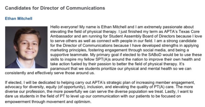 MrKTweets_'s tweet photo. I’m running for @APTAStudents  SABoD Director of Communications!!

Below is my candidate statement, as well as a link to vote and a link to view the other candidates’ statements. https://t.co/jCXC8QLjVQ