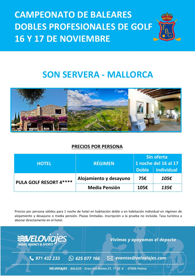 🏌 GOLFISTA

OFERTA en el Pula Golf Resort para el Campeonato de Baleares de dobles profesionales de golf. 

16 al 17 de nov Hotel 4* con desayuno.   

☎️ Reservas:  971 43 22 33 / eventos@veloviajes.com 

#Veloviajes, viviendo y apoyando el deporte.
#veloviajesconeldeporte #golf