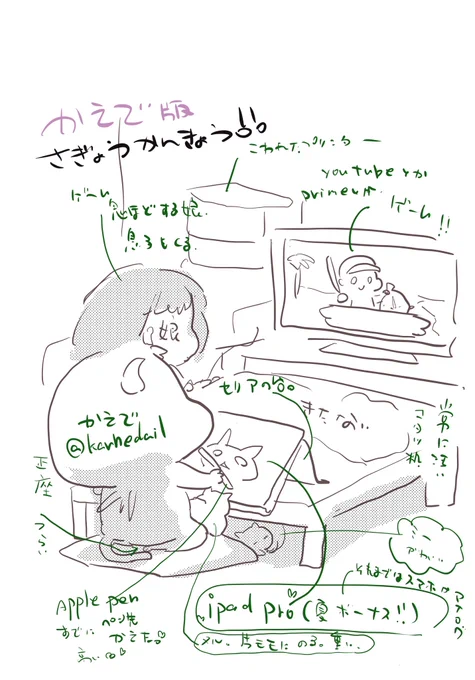 #みんなの作業環境みせて

リビングかベッドで寝ながらやってます。いい加減座椅子ちゃんとしたの買いたい。iPadほんとありがたい。。
メルは意地でも片方のモモでバランスを保とうとします。 