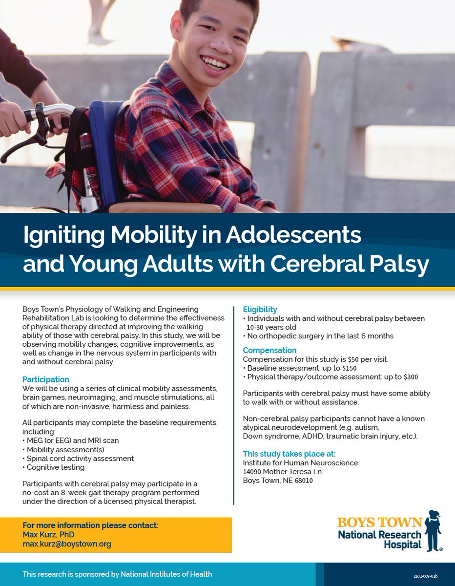 Max Kurz, PhD (@prof_kurz) on Twitter photo Spread the word that we are actively recruiting rehabilitation pioneers for our studies on the mobility improvements that can be sparked in persons with #CerebralPalsy. Come play a role in boldly challenging the perceived limits! #PoWERLab <a href="/BoysTownHosp/">Boys Town National Research Hospital</a> Spread the word that we are actively recruiting rehabilitation pioneers for our studies on the mobility improvements that can be sparked in persons with #CerebralPalsy. Come play a role in boldly challenging the perceived limits! #PoWERLab <a href="/BoysTownHosp/">Boys Town National Research Hospital</a>