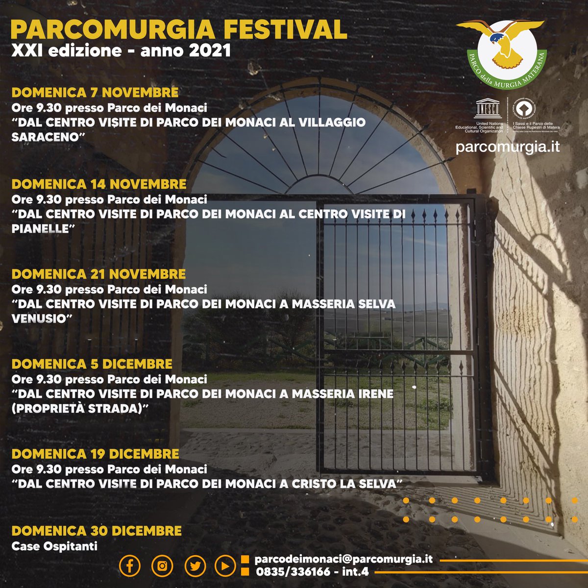Nell’ambito del programma #ParcoMurgiaFestival, l’Ente Parco della Murgia Materana presenta un fitto calendario di appuntamenti, con l’intento di accrescere la conoscenza delle ricchezze del Parco.

Dettagli 👉🏼 facebook.com/22822720086056…

#ParcodellaMurgiaMaterana