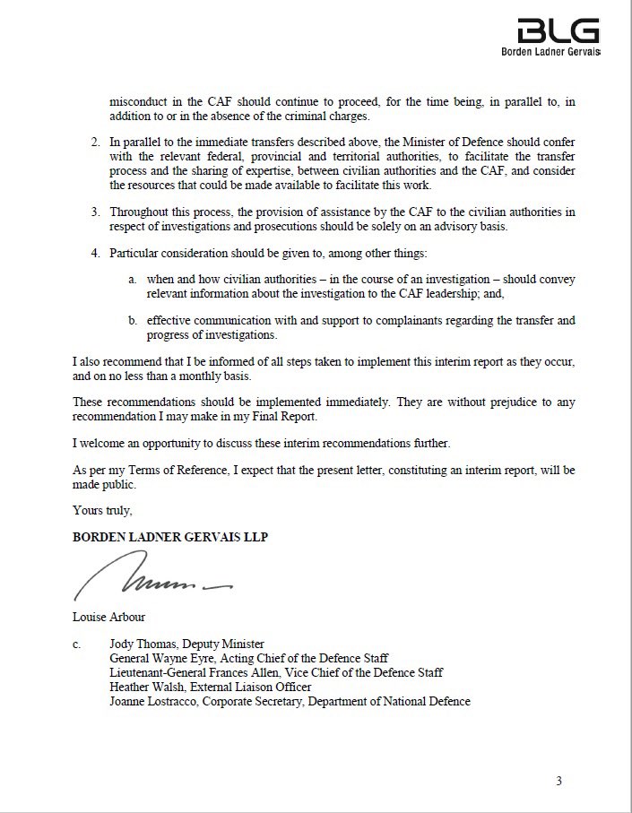 I have accepted in full Madame Arbour's recommendations to move the investigation &amp; prosecution of sexual misconduct cases to the civilian system.