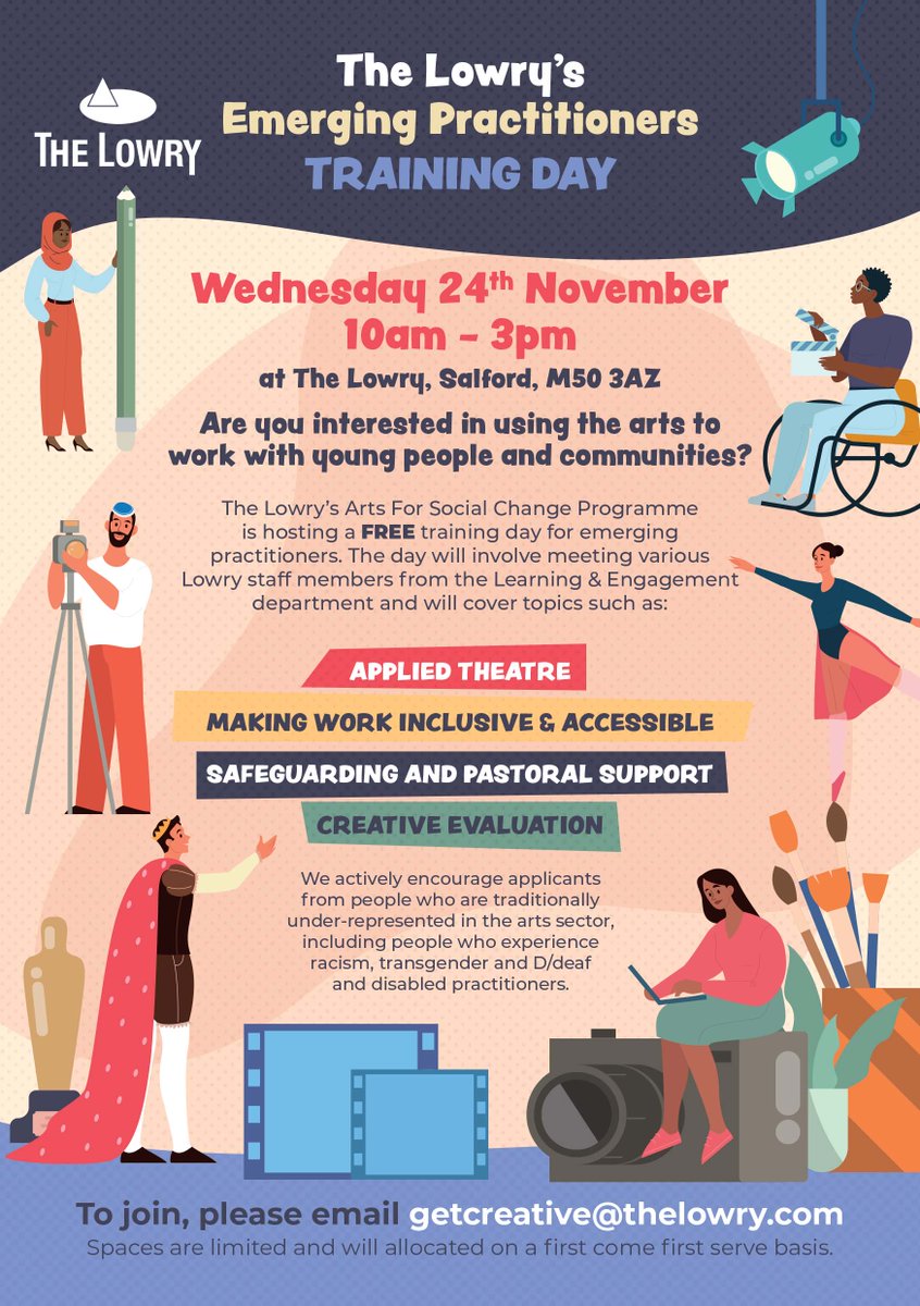 Are you interested in using the arts to work with young people and communities?

<a href="/The_Lowry/">Lowry</a> is hosting a FREE training day for emerging practitioners on Weds 24th Nov 10am - 3pm.

To join, email: getcreative@thelowry.com 

More details below!