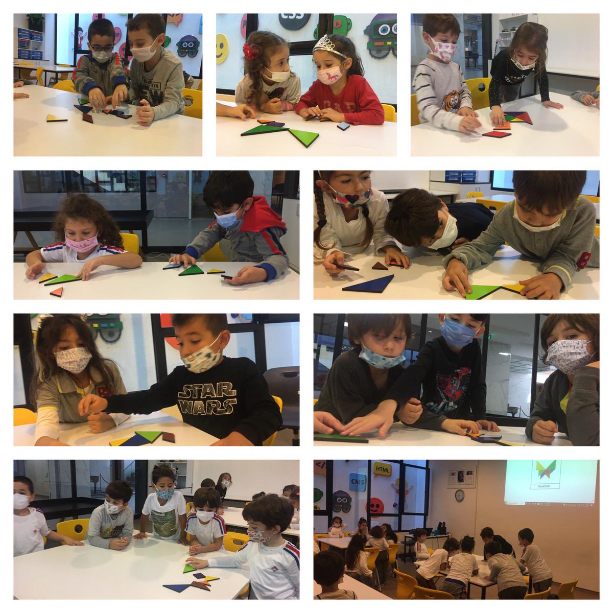 Okul öncesi öğrencilerimizle Kodlama ve Robotik dersinde Tangram etkinliği yaptık. Öğrencilerimiz Tangram parçalarını tanıyıp yönergeleri uygulayarak şekiller yaptılar. Robot yapıp sevdikleri hayvanların; ev, gemi ve uçak gibi nesnelerin de tasarımlarını gerçekleştirdiler.