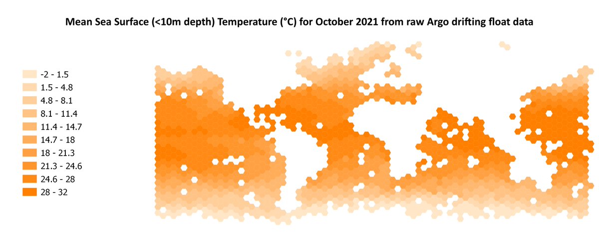 AdamLeadbetter's tweet image. Day 4 of #30daymapchallenge is hexagons. I pulled the October 2021 temperature data for the top 10 metres of the ocean collected by Argo drifting floats from the #erddap instance at Ifremer to make today&apos;s map.