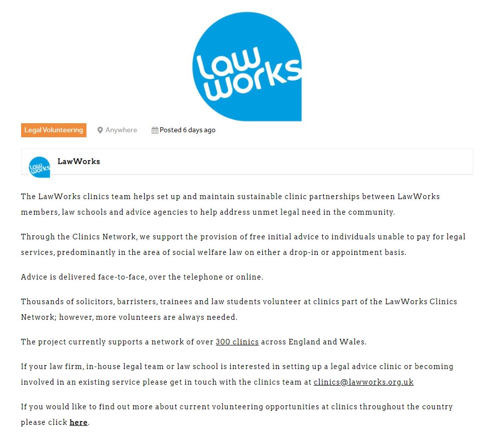 15. Volunteer at over 300 LawWorks clinics in England and Wales through <a href="/Law_Works/">LawWorks</a> 
nationalprobonocentre.org.uk/job/lawyers-vo…