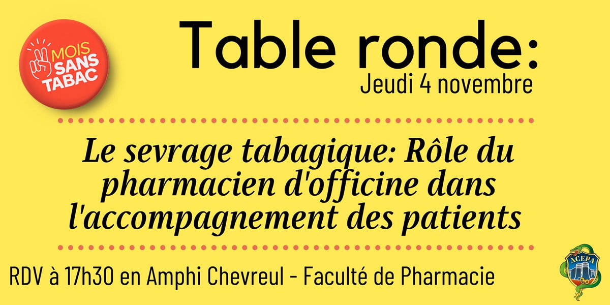 Pharma_ACEPA's tweet photo. #MoisSansTabac | RDV à 17h30 pour une table ronde sur le rôle du #pharmacien dans le sevrage #tabagique 🚬

👉🏼Nous seront en compagnie de @loic_angers, une tabacologue, @Benoit_ANEPF et @Chloe_ANEPF ! 

Nous vous attendons très nombreux! https://t.co/sTnkqRLW57
