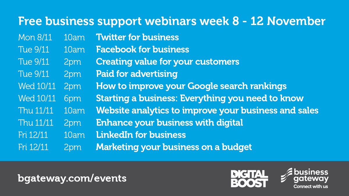 Whether you're already in business, self-employed or planning to start up - our #webinars can help you & your team #upskill in a range of key areas. View the programme below for week 8 - 12 November & book your free place now ➡️ ow.ly/Ow8I50GFREw #SupportScottishBusiness