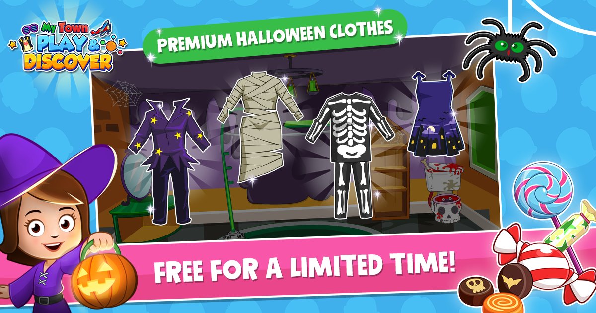 MyTownGames's tweet photo. ⭐⭐ VIP Halloween Clothes for FREE ⭐⭐

Can't get enough of #halloween trick or treat? Extend the fun here in #playanddiscover! Dress up spooky, get treats, and be scary!
.
.
*FREE for non-VIP club members for a limited time.
Play 👉 https://t.co/Vh0QucJxXC

#mytowngames #kids https://t.co/g1QkPw686x