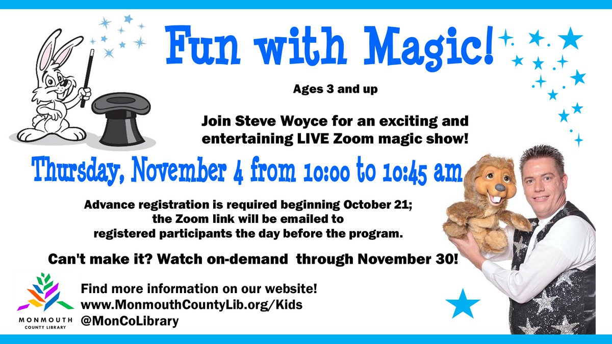 MonCoLibrary's tweet photo. Magical family Fun with #Magic Live on Zoom.
Free, of course, for children of all ages from @stevewoyce
Register on https://t.co/fvy0jADA1k
#librarymagician #magicallibraryfun #magicalfun https://t.co/CdOYB57WmF