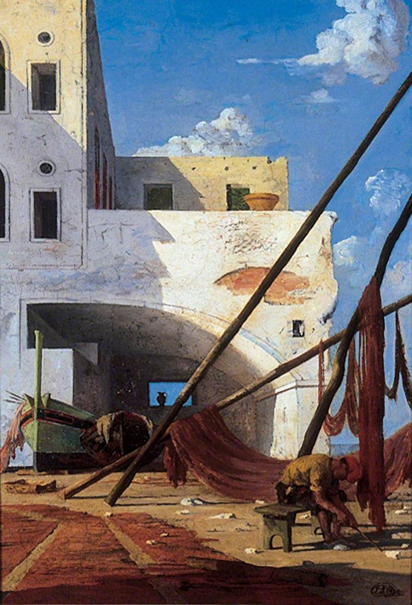 LeedsArtGallery's tweet photo. 🎨This #CollectionThursday, we celebrate of Eugene Berman's birthday, the author of ‘Napolitana’. Berman was born #OnThisDay in 1899.
Berman’s depiction of fishermen's life suggests poverty and hard work. Walls are shabby, fishing nets torn, and the boy looks exhausted.😰 https://t.co/O7DKyck086