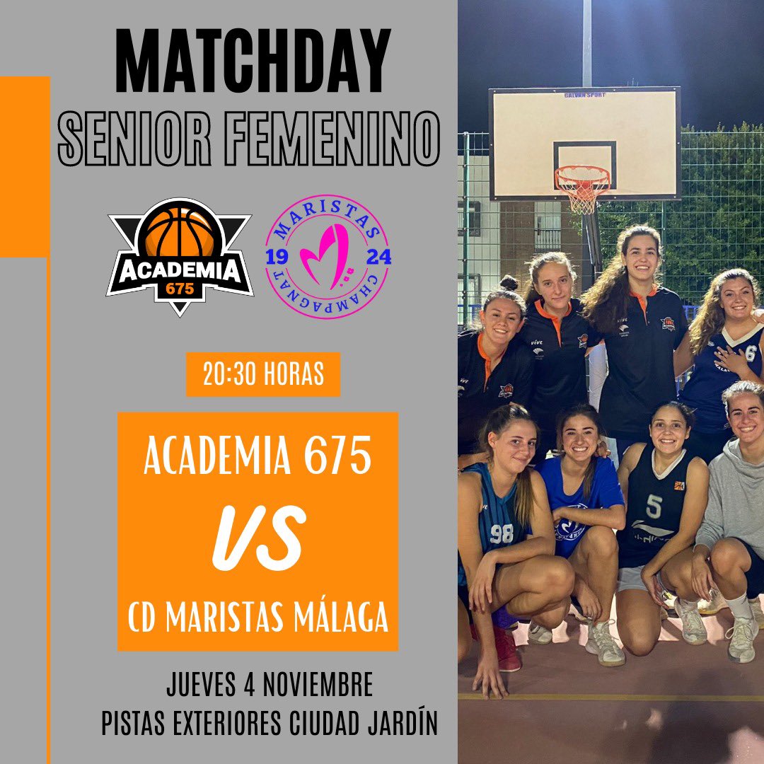 675Academia's tweet photo. 🔥MATCHDAY🔥
Nuestro #SeniorFem debuta esta tarde en @LigaAFADE contra @cdMaristasMlg.
🕢20:30 h
📍Pistas Exteriores Ciudad Jardín
🟠⚫️ #academia675 #ligaafade https://t.co/rW4dcXtIaH