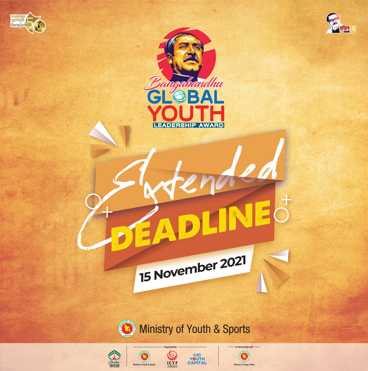 YouthPHBD's tweet photo. Registration Deadline for Bangabandhu Global Youth Leadership Award has been extended!

New Deadline for Submission: 15 November 2021

Submit your notable works now at -
https://t.co/x8KgIMxWB6 https://t.co/UN5qaIdUdE
