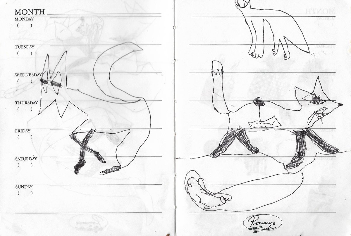 I'm visiting family this week and found this old raggedy notebook. It has a bunch of things I drew when I was four years old, in 1998.
Foxes.