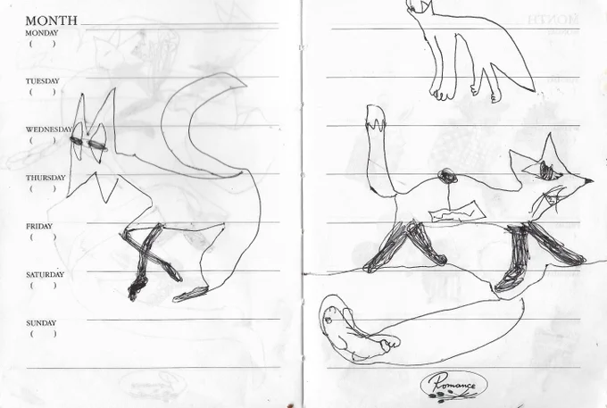 I'm visiting family this week and found this old raggedy notebook. It has a bunch of things I drew when I was four years old, in 1998.
Foxes. 