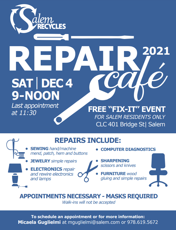 City of Salem MA (@cityofsalemma) on Twitter photo .<a href="/SalemRecycles/">SalemRecycles</a> Repair Cafe: December 4, 9AM-Noon, Community Life Center, 401 Bridge Street, #SalemMA.
salem.com/home/news/sale… .<a href="/SalemRecycles/">SalemRecycles</a> Repair Cafe: December 4, 9AM-Noon, Community Life Center, 401 Bridge Street, #SalemMA.
salem.com/home/news/sale…