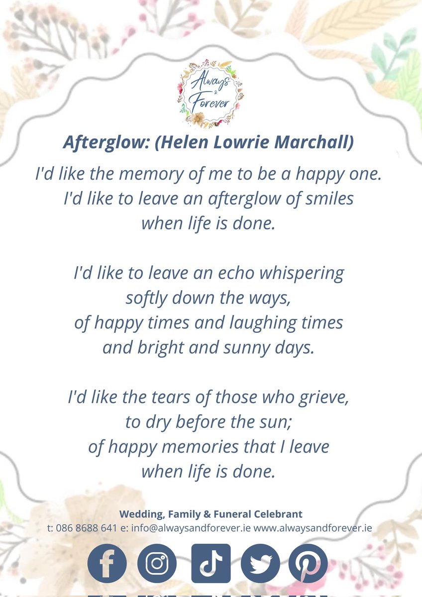alwaysandforev5's tweet photo. Funeral Poem "Afterglow" by Helen Lowrie Marchall. For more information on all the services I provide, please contact me. Love, A&F xxx⠀ ⠀ #funeralcelebrant #celebrant #funerals #scatteringofashes #monthsminds #anniversaries #preplannedfunerals #celebrationoflife #celebrant https://t.co/KxauchivrQ