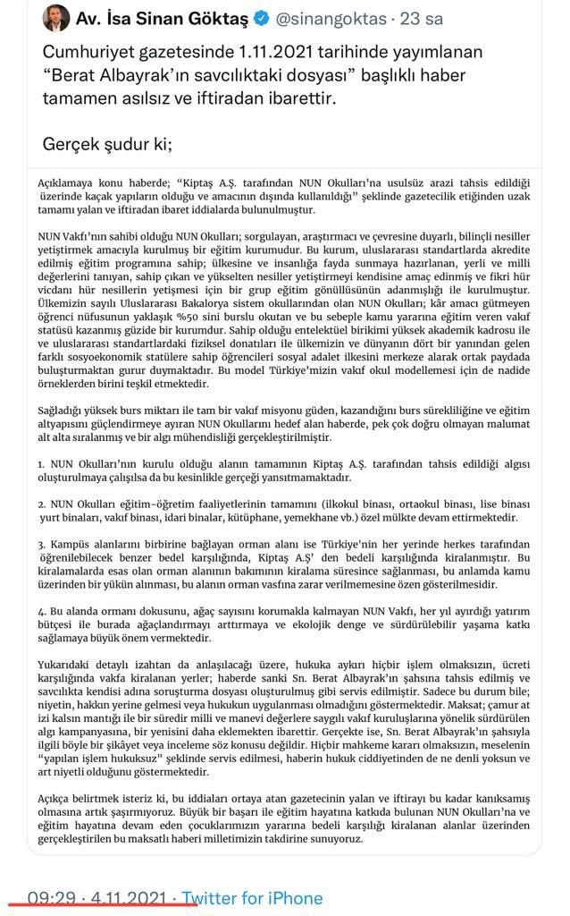 01.11.2021 tarihli yazınızda iddia ettiğiniz konuların gerçeği yansıtmadığını, okullar, yurtlar ve diğer eğitim-öğretim faaliyetlerini içeren tüm binaların özel mülkte bulunduğunu++