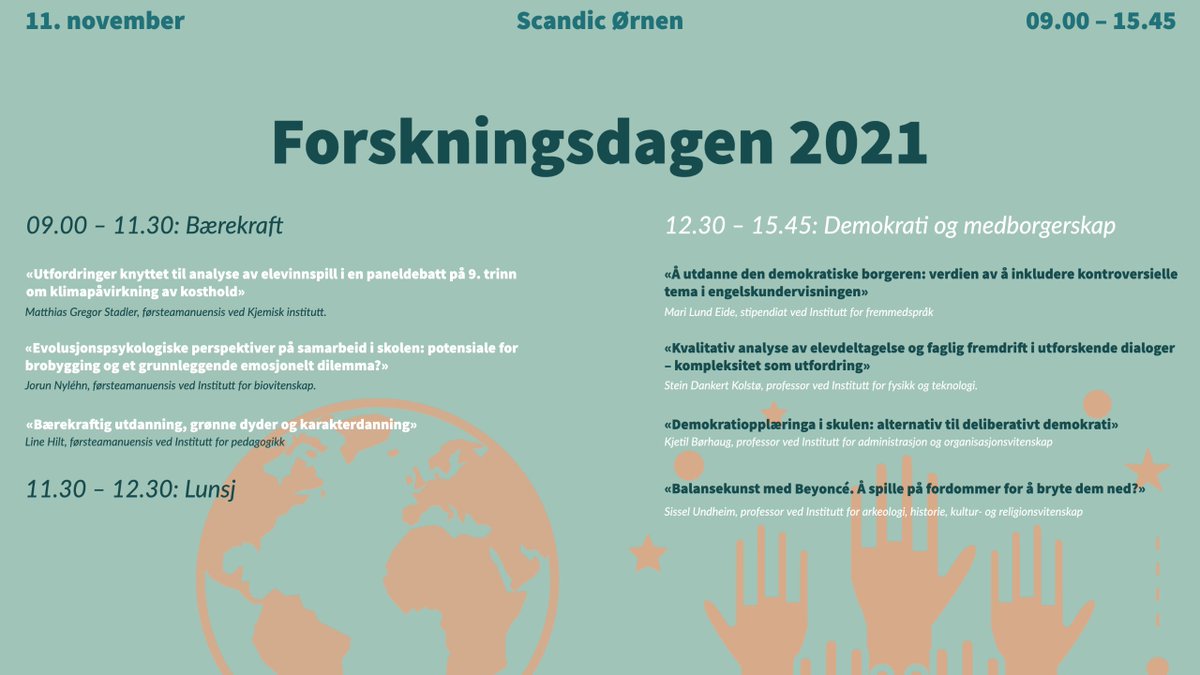 Mari Lund Eide (@marilundeide) on Twitter photo Interessert i forskning på bærekraft, og demokrati og medborgerskap? Er du lærer, skoleforsker, eller lektorstudent? Meld deg på Forskningsdagen 11. NOVEMBER hvor <a href="/UiB/">Universitetet i Bergen</a>-forskere tilknyttet lektorutdanningen legger frem pågående skoleforskning! skjemaker.app.uib.no/view.php?id=11… Interessert i forskning på bærekraft, og demokrati og medborgerskap? Er du lærer, skoleforsker, eller lektorstudent? Meld deg på Forskningsdagen 11. NOVEMBER hvor <a href="/UiB/">Universitetet i Bergen</a>-forskere tilknyttet lektorutdanningen legger frem pågående skoleforskning! skjemaker.app.uib.no/view.php?id=11…