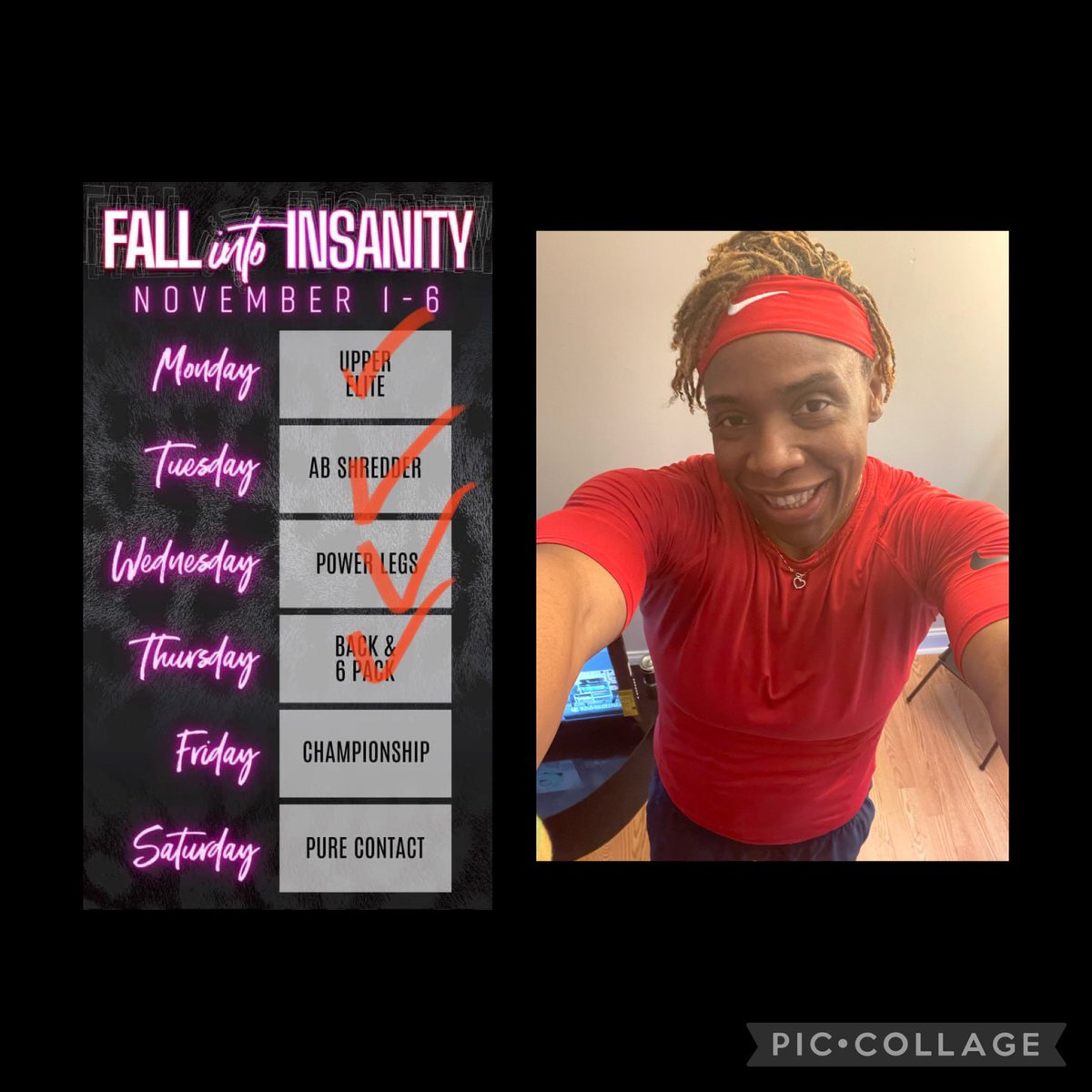 CoachCherieLea's tweet photo. W4d4 of the Fall into Insanity challenge is ☑️ completed Back &amp; 6 Pack workout. My core definitely has gotten stronger &amp; is on 🔥. I struggled the last 30 secs with flutter kicks but I dug deeper and got it ✅. Back muscles are stronger as well.💪🏾 #digdeepernation https://t.co/ZavquNXIcj
