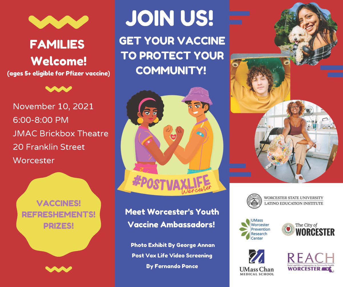 PRCUMassChan's tweet photo. #Worcester! Come downtown to the JMAC on Wednesday, Nov 10, 6-8 PM for Worcester #PostVaxLife Youth Ambassadors, see the videos, 5+ can get the #COVID19Vaccine! https://t.co/YZJk34P0jN