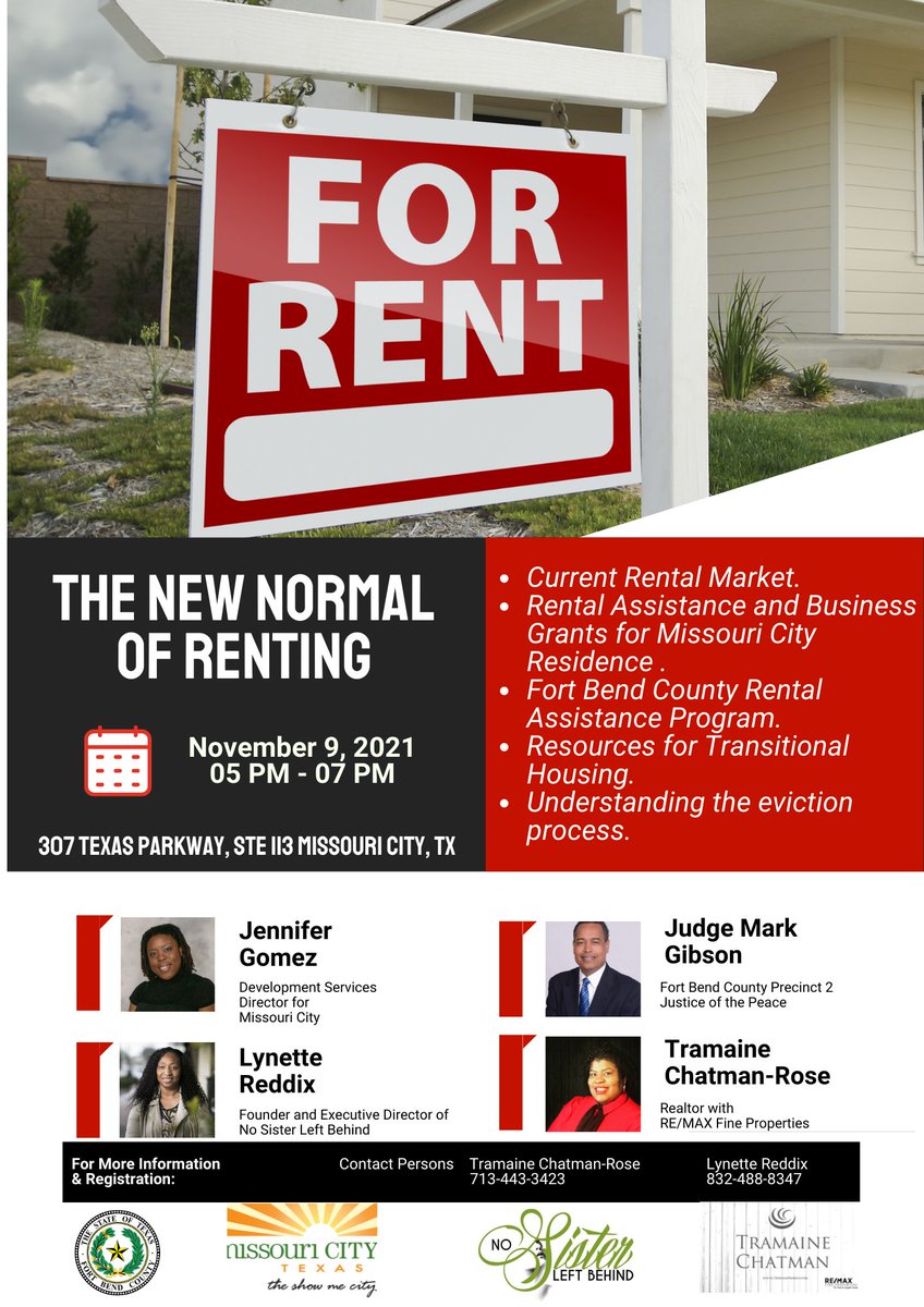 tramainechatman's tweet photo. Join No Sister Left Behind, City of Missouri City, Tramaine Chatman-Rose Realtor, and Judge Mark Gibson for this very informative Renting experience in the new normal. #RealEstate #PriceHike #smallbusinessresources #Residential-resources #EvictionProcess https://t.co/5hxL0NMYLm
