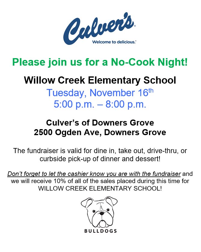 Next No Cook Night! 5pm-8pm on 11/16/2021. #nocooknight #culvers #burgersandcustard #whodoesntlovefreemoneyforschools