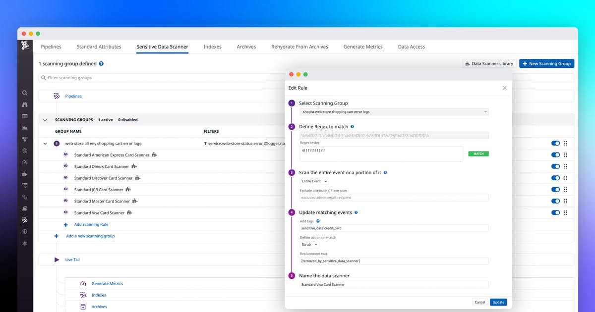 datadoghq's tweet photo. To help your organization remain compliant and keep customer information safe, Datadog’s Sensitive Data Scanner offers real-time visibility and control over the data that your services are logging. Read our guide for details: https://t.co/dwFvSwHO7e https://t.co/B91djAx3AP