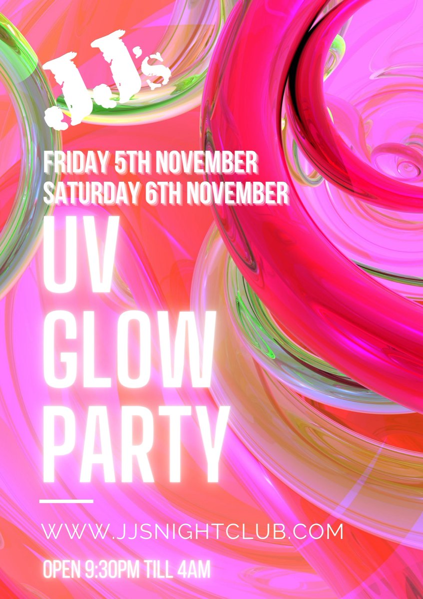One more day till the weekend begins…and we are going full UV Glow….glow batons, glow sticks, UV,  CO2 and much much more…

Tickets on sale now….www.jjsnightclub.com

#jjs #jjscoventry #coventry #friday #saturday #weekend #glowparty #party