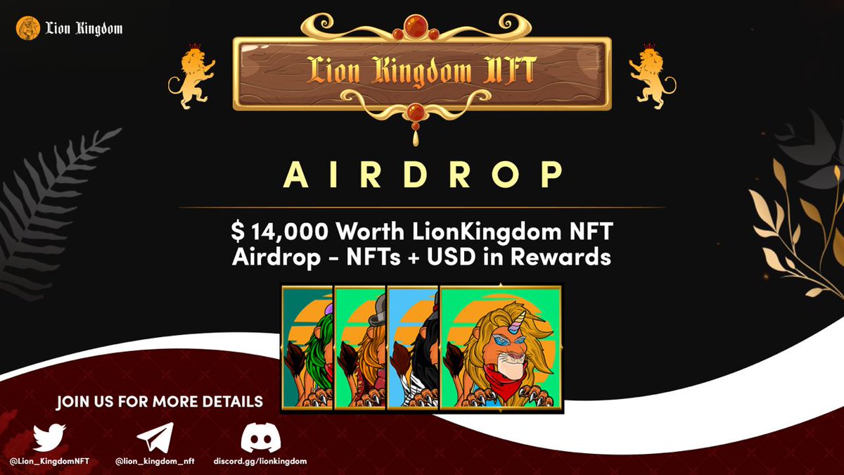CryptoTownEU's tweet image. 🚀 Airdrop: Lion Kingdom
💰 Value: $14,000 worth of NFTs + USD
👥 Referral: $5,000 worth of NFTs + USD
📅 End Date: 16th November 2021
🏦 Distribution Date: After minting

Go to the Airdrop Page
bit.ly/3BTMpAt

#Airdrop #Crypto #Airdrops #cryptocurrency #giveaway