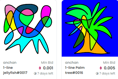 anchanNFTART's tweet photo. 2つアップしました。
一つは0.001ethからのオークションです。
『Palm tree#0016』
『jerryfish#0017』
1-llineシリーズは、一筆書きで描いています。
よかったら是非一度見てください！
⇩⇩⇩
https://t.co/UCVyLCSwkJ https://t.co/nnW162LWiH