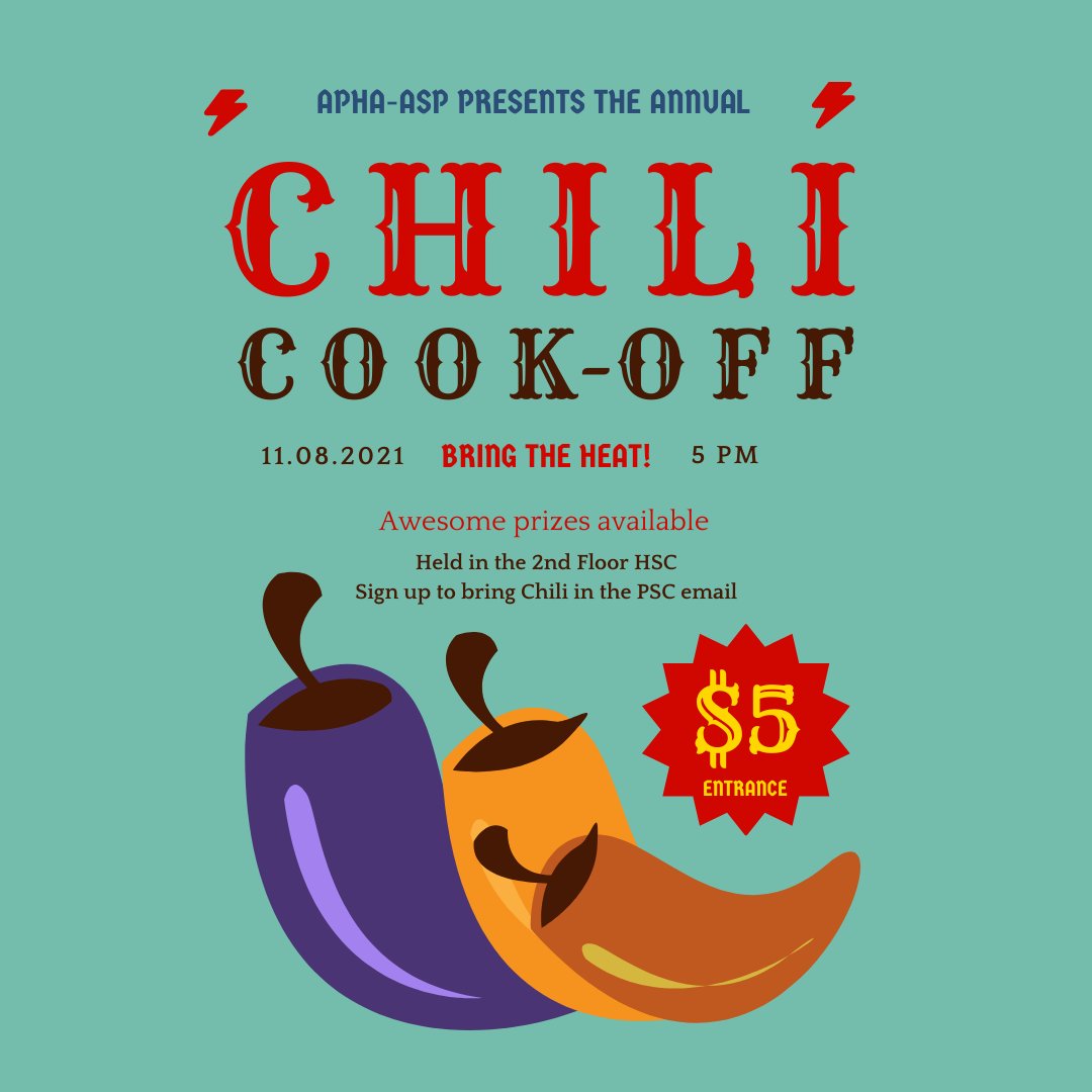 CUAPhAASP's tweet photo. It's that time of year again! Our annual Chili Cookoff is live again and we're accepting entrance into the competition and we hope you'll come out and vote/try the chili! The event is happening in the second flood of the HSC on 11/8 at 5 PM. You don't wanna miss this! https://t.co/5nObnqvw6s