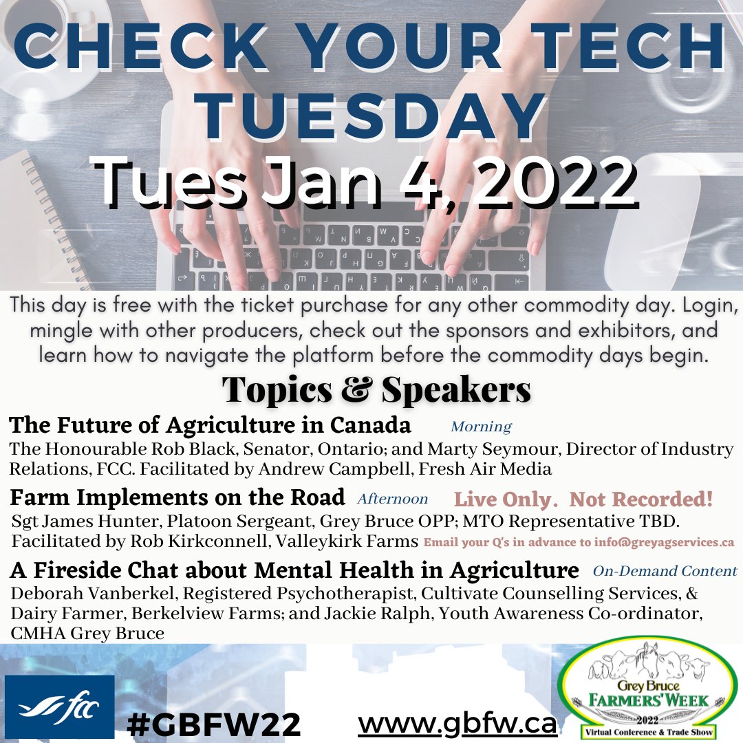 GBFarmersWeek's tweet photo. #Virtual #GBFW22 #CheckYourTechTuesday Jan 4. Fantastic speakers & pertinent topics. Anyone anywhere can join us. More details/buy tickets soon at https://t.co/yPdNmFE2bn. Comp with other Day purchase
#ontag #CdnAg #WorldAg #AgEvent #Farm365 #Agriculture #Farming #Farms #AgProud https://t.co/H80Lykxoa8