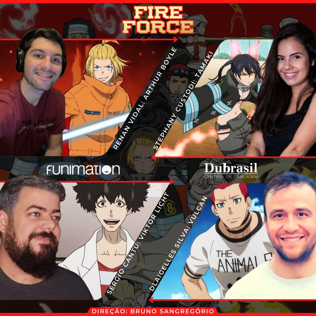 Dubrasil - Central de Dublagem #18ANOS on X: No elenco de dublagem de Fire  Force temos: Angels da 5ª: Marcela de Barros (@marcelab_art) Benimaru:  Bruno Sangregório Konro: Marco Ribeiro (@MarcoRibeiroDUB) Hinata/Hikage:  Luiza